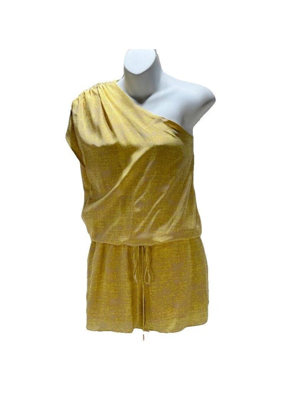 One-Shoulder Yellow Romper By Leona - S 100% Silk With Drawstring Waist